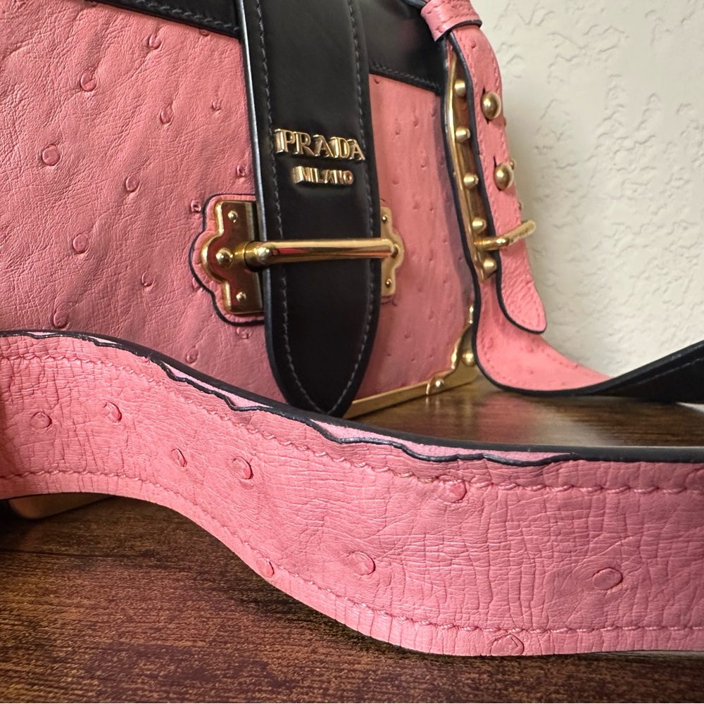 Prada Cahier Ostrich Pink & Black Leather Hand & Crossbody Bag - Picture 13 of 16
